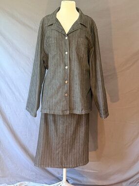 Liz & Me 2pc Skirt Set 20W Gray Denim Pinstripe Button Front Jacket Midi Skirt